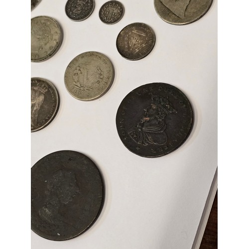 134 - Mixed Coins of interest to include a James I Sixpence A/F holed, 1792 Lancaster Halfpenny Token, Geo... 