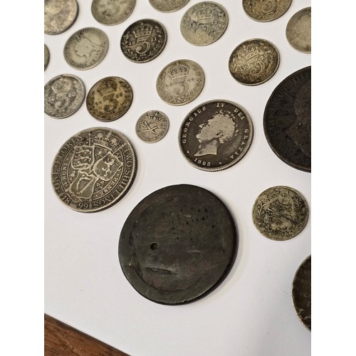 134 - Mixed Coins of interest to include a James I Sixpence A/F holed, 1792 Lancaster Halfpenny Token, Geo... 