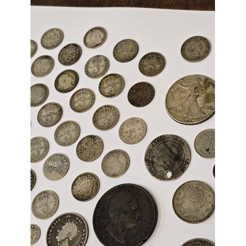 134 - Mixed Coins of interest to include a James I Sixpence A/F holed, 1792 Lancaster Halfpenny Token, Geo... 