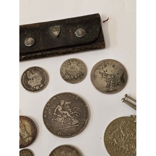 139 - Coins of interest - to include a George III 1820 Crown, a George IV Halfcrown A/F, George I 1724 Hal... 