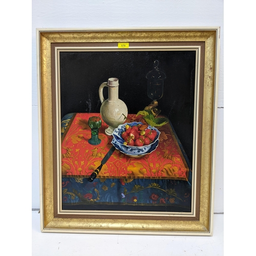 549 - Kerry Ryan - a still life of strawberries in a bowl, a jug, a knife and glass on a table, oil on can... 