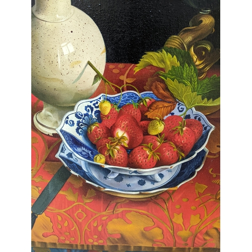 549 - Kerry Ryan - a still life of strawberries in a bowl, a jug, a knife and glass on a table, oil on can... 