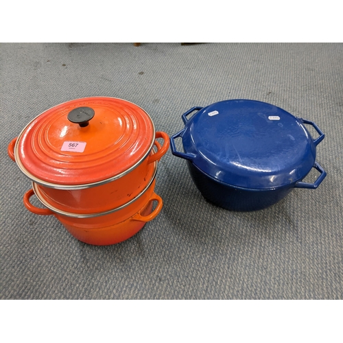 567 - A Le Creuset orange three part pan and a German enamelled pan
Location:A4B
If there is no condition ... 