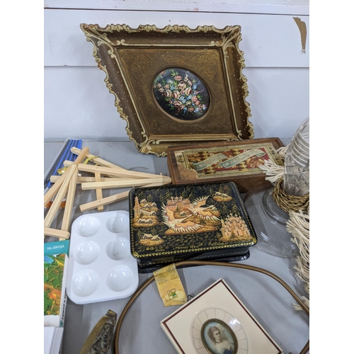 582 - A mixed lot to include two candlesticks, a Chinese style table lamp, a decorative box and games to i... 