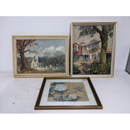 543 - C E Harris - two 1970s oil paintings on boards, one depicting a church and churchyard with a tree to... 