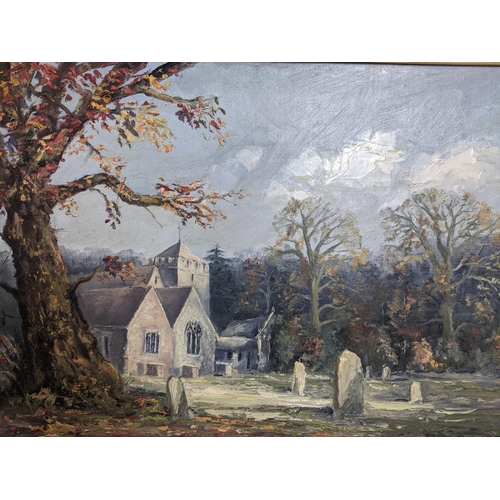 543 - C E Harris - two 1970s oil paintings on boards, one depicting a church and churchyard with a tree to... 