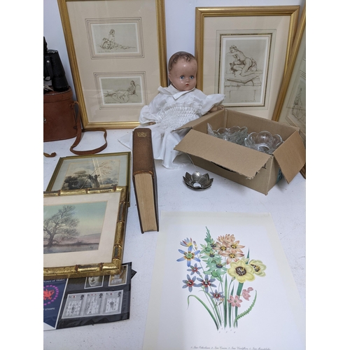 594 - A mixed lot of pictures and maps to include watercolours, a composition headed doll with blue grey s... 