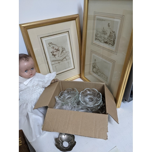 594 - A mixed lot of pictures and maps to include watercolours, a composition headed doll with blue grey s... 