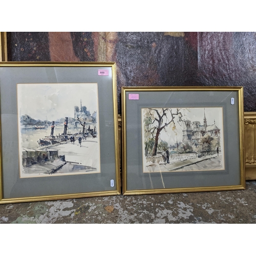 600 - Denis Verspecht 1919-1996 - two French city river scenes, watercolours, 33 x 27.5  and 24 x 32, sign... 