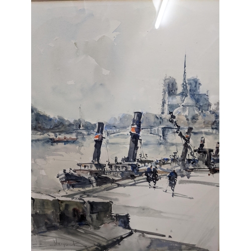 600 - Denis Verspecht 1919-1996 - two French city river scenes, watercolours, 33 x 27.5  and 24 x 32, sign... 