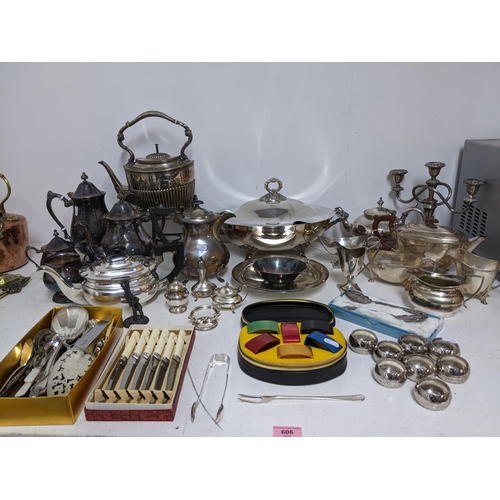 606 - A mixed lot of silver plate to include a W Batty & Son Ltd three piece teaset, a Lancaster Rose by P... 