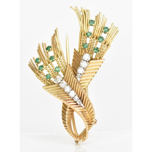 101 - A vintage yellow gold wheat design brooch, inset with ten brilliant cut graduating diamonds and twel... 