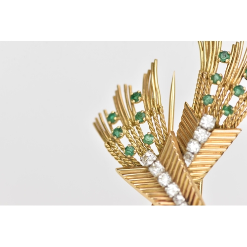 101 - A vintage yellow gold wheat design brooch, inset with ten brilliant cut graduating diamonds and twel... 