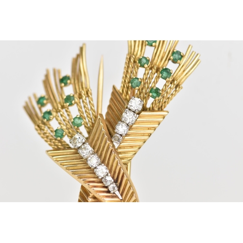 101 - A vintage yellow gold wheat design brooch, inset with ten brilliant cut graduating diamonds and twel... 