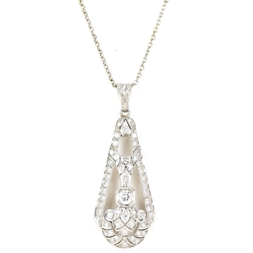 102 - An Art Deco white gold pendant and a 14ct white gold belcher necklace, the pendant set with a centra... 