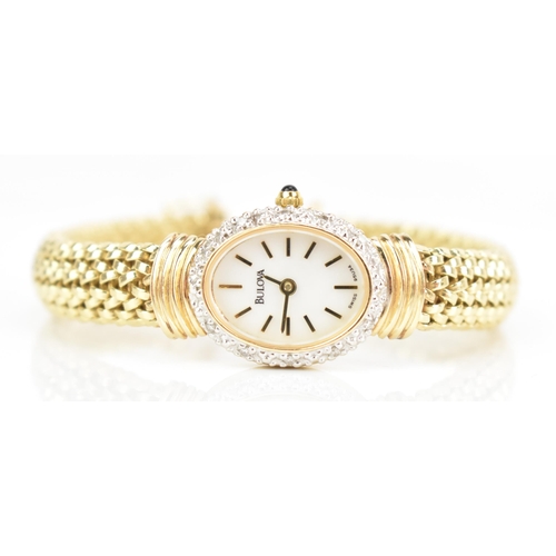 109 - A Bulova, quartz, ladies, 14ct yellow gold wristwatch, the white dial having gilt baton markers, sur... 