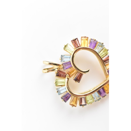 111 - A 14ct gold heart shaped pendant, inset with fifteen stones including peridot, garnet, citrine, amet... 