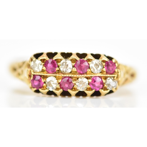 115 - A Victorian 18ct gold diamond and ruby ring, the twelve alternating stones inset into two rows and h... 