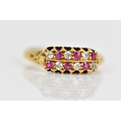 115 - A Victorian 18ct gold diamond and ruby ring, the twelve alternating stones inset into two rows and h... 