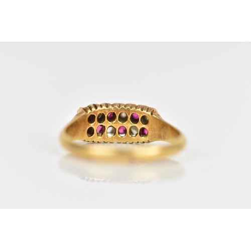 115 - A Victorian 18ct gold diamond and ruby ring, the twelve alternating stones inset into two rows and h... 