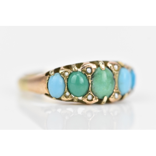 117 - A Victorian 9ct gold turquoise and seed pearl ring, having five turquoise stones, largest 6.2mm x 5.... 