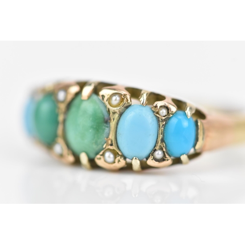 117 - A Victorian 9ct gold turquoise and seed pearl ring, having five turquoise stones, largest 6.2mm x 5.... 