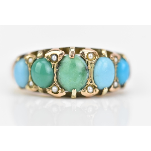 117 - A Victorian 9ct gold turquoise and seed pearl ring, having five turquoise stones, largest 6.2mm x 5.... 