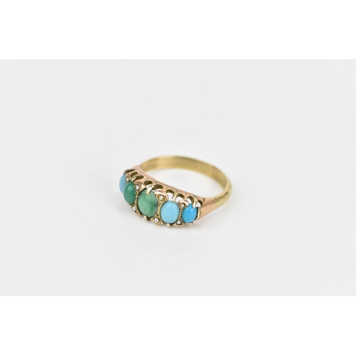 117 - A Victorian 9ct gold turquoise and seed pearl ring, having five turquoise stones, largest 6.2mm x 5.... 