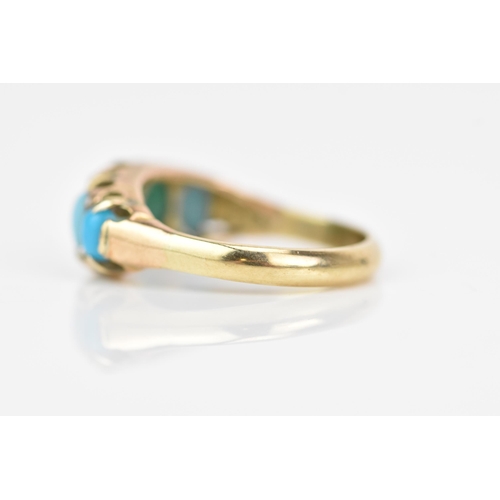 117 - A Victorian 9ct gold turquoise and seed pearl ring, having five turquoise stones, largest 6.2mm x 5.... 