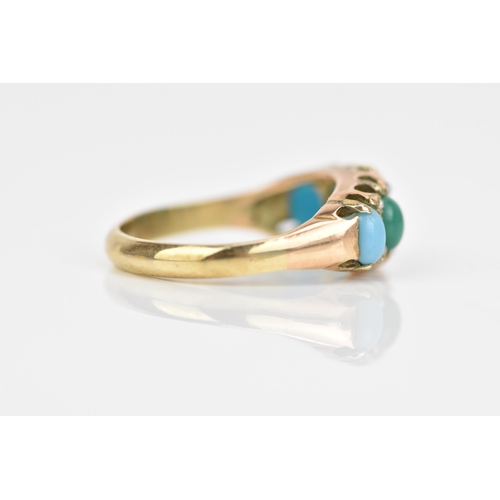 117 - A Victorian 9ct gold turquoise and seed pearl ring, having five turquoise stones, largest 6.2mm x 5.... 