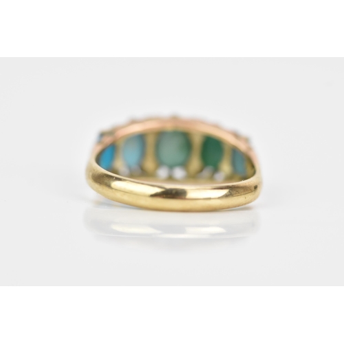 117 - A Victorian 9ct gold turquoise and seed pearl ring, having five turquoise stones, largest 6.2mm x 5.... 