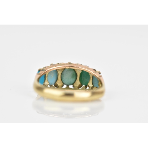 117 - A Victorian 9ct gold turquoise and seed pearl ring, having five turquoise stones, largest 6.2mm x 5.... 