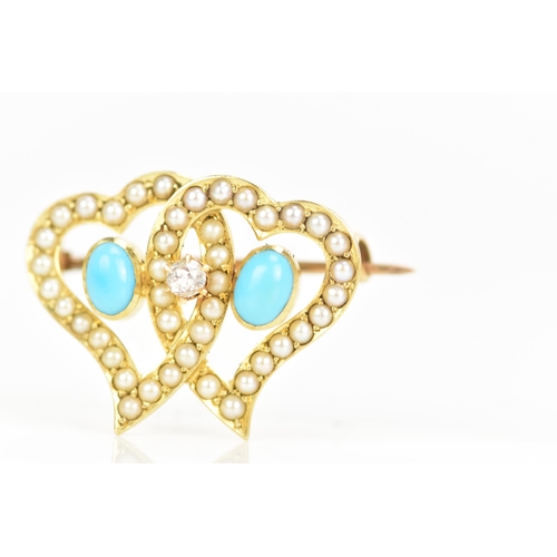 122 - A Victorian 15ct gold turquoise, seed pearl and diamond brooch, designed as two entwined hearts, wit... 