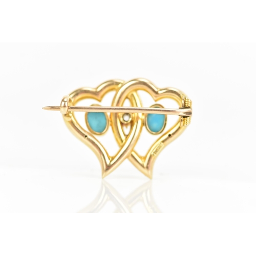 122 - A Victorian 15ct gold turquoise, seed pearl and diamond brooch, designed as two entwined hearts, wit... 