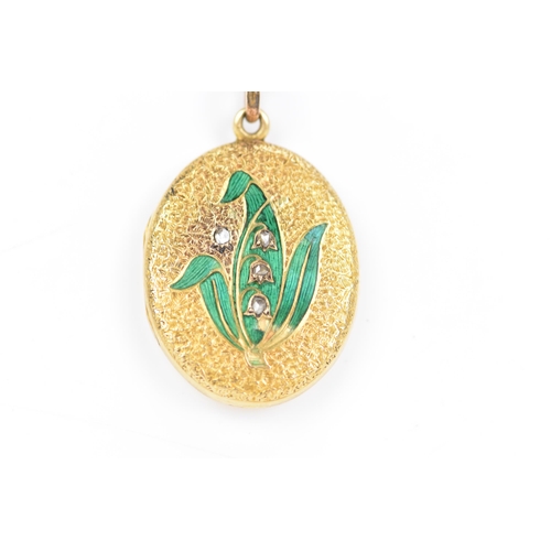 132 - A Victorian yellow gold locket and necklace, the locket enamel decorated to one side in the form of ... 