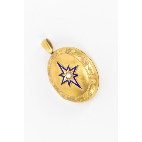 133 - A Victorian yellow gold mourning pendant, the front having blue enamel star design with a pearl to t... 