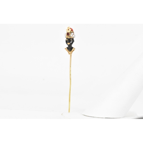 147 - A 19th century blackamoor yellow gold stick pin modelled as a bust wearing a turban, coral, garnet a... 