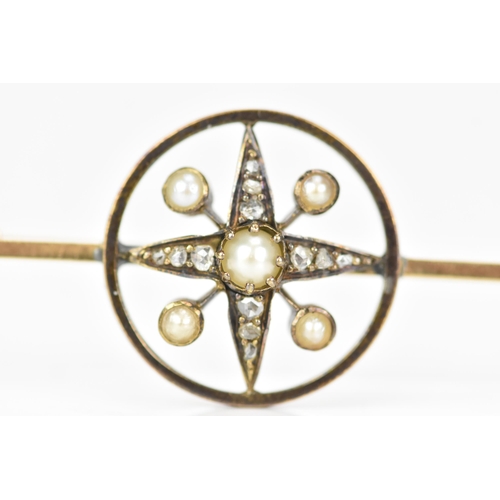 163 - A Victorian 15ct gold brooch, the centre in a star configuration, inset with five pearls, the larges... 