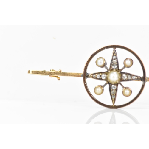 163 - A Victorian 15ct gold brooch, the centre in a star configuration, inset with five pearls, the larges... 