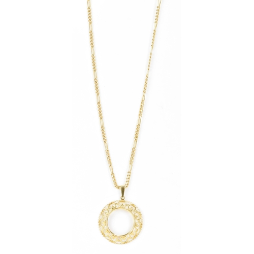 167 - A 9ct yellow gold bar chain link necklace with a 9ct gold full sovereign mount pendant, the chain ha... 