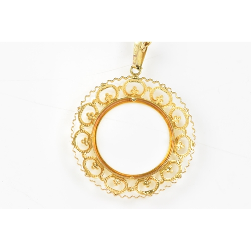 167 - A 9ct yellow gold bar chain link necklace with a 9ct gold full sovereign mount pendant, the chain ha... 