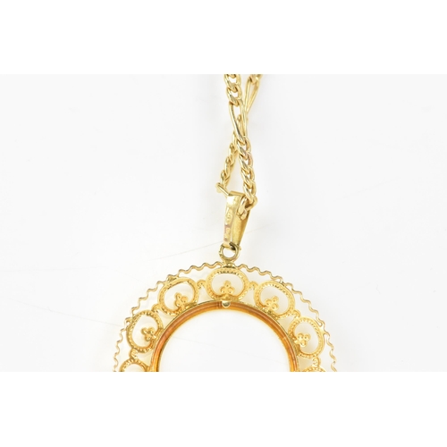 167 - A 9ct yellow gold bar chain link necklace with a 9ct gold full sovereign mount pendant, the chain ha... 