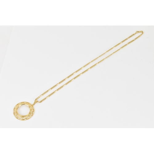 167 - A 9ct yellow gold bar chain link necklace with a 9ct gold full sovereign mount pendant, the chain ha... 