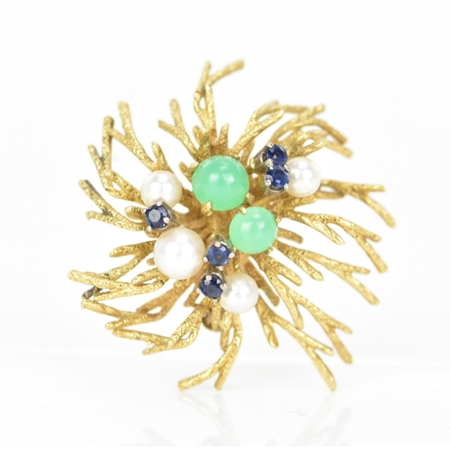 170 - A German Grosse 18ct yellow gold brooch, fashioned as branches encrusted with two jade cabochons, la... 