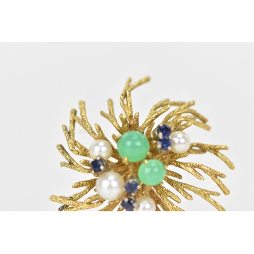 170 - A German Grosse 18ct yellow gold brooch, fashioned as branches encrusted with two jade cabochons, la... 