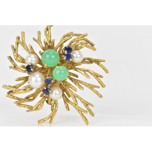 170 - A German Grosse 18ct yellow gold brooch, fashioned as branches encrusted with two jade cabochons, la... 