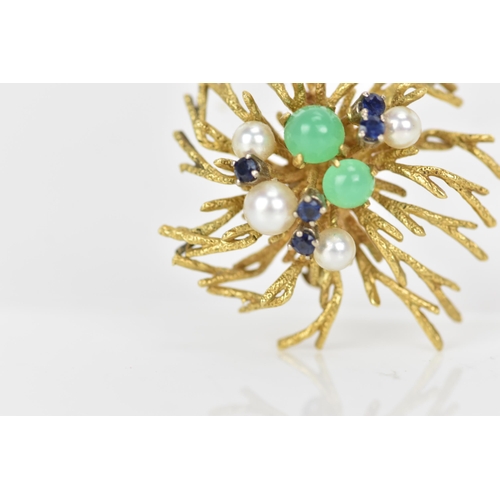 170 - A German Grosse 18ct yellow gold brooch, fashioned as branches encrusted with two jade cabochons, la... 