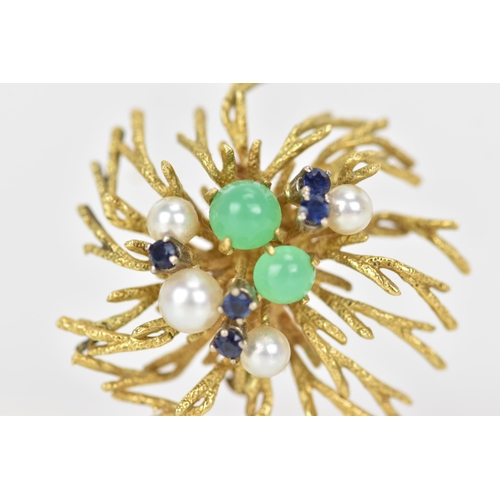 170 - A German Grosse 18ct yellow gold brooch, fashioned as branches encrusted with two jade cabochons, la... 