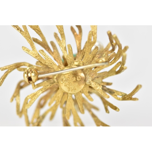 170 - A German Grosse 18ct yellow gold brooch, fashioned as branches encrusted with two jade cabochons, la... 