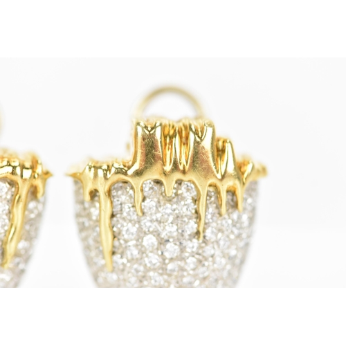 173 - A pair of 18ct yellow and white gold diamond pave set earrings, each fashioned as acorns with drop d... 